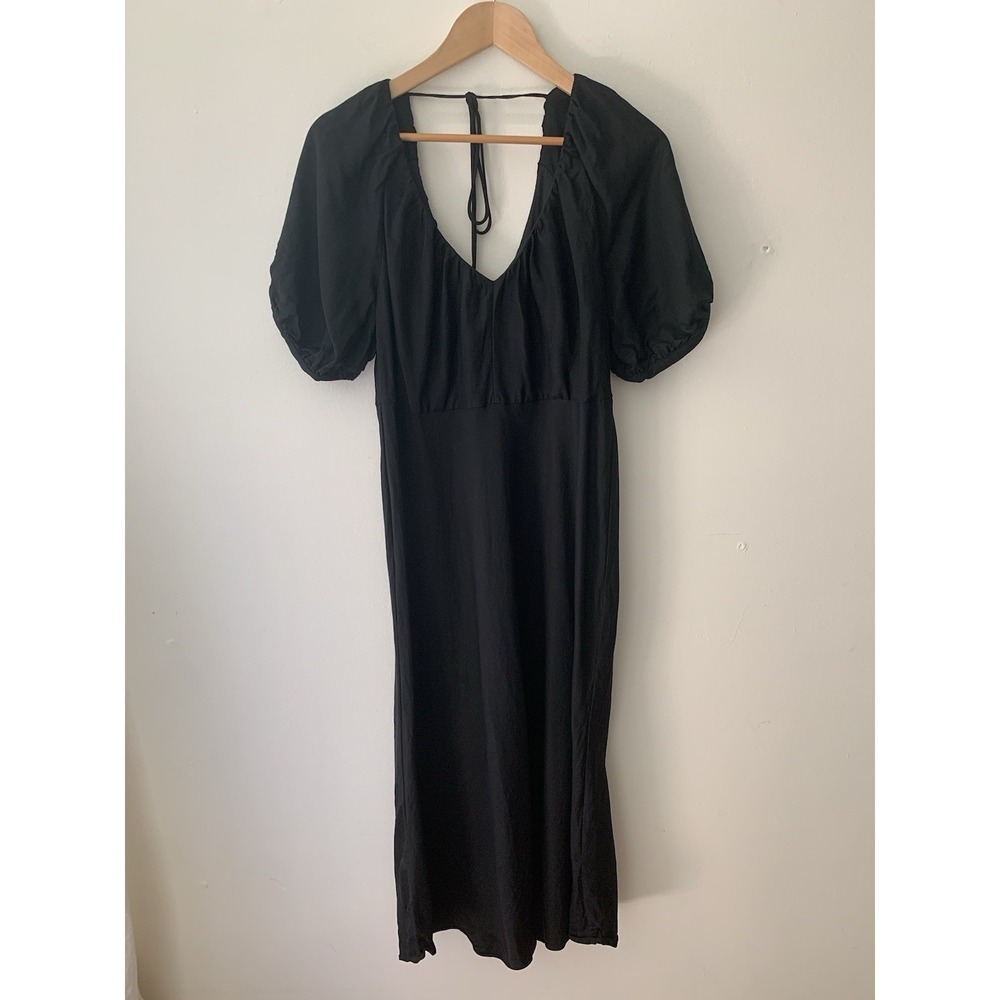 Banana Republic Viscose Linen Midi/Maxi Black Dress 12 Puff Sleeve Silky Tie
